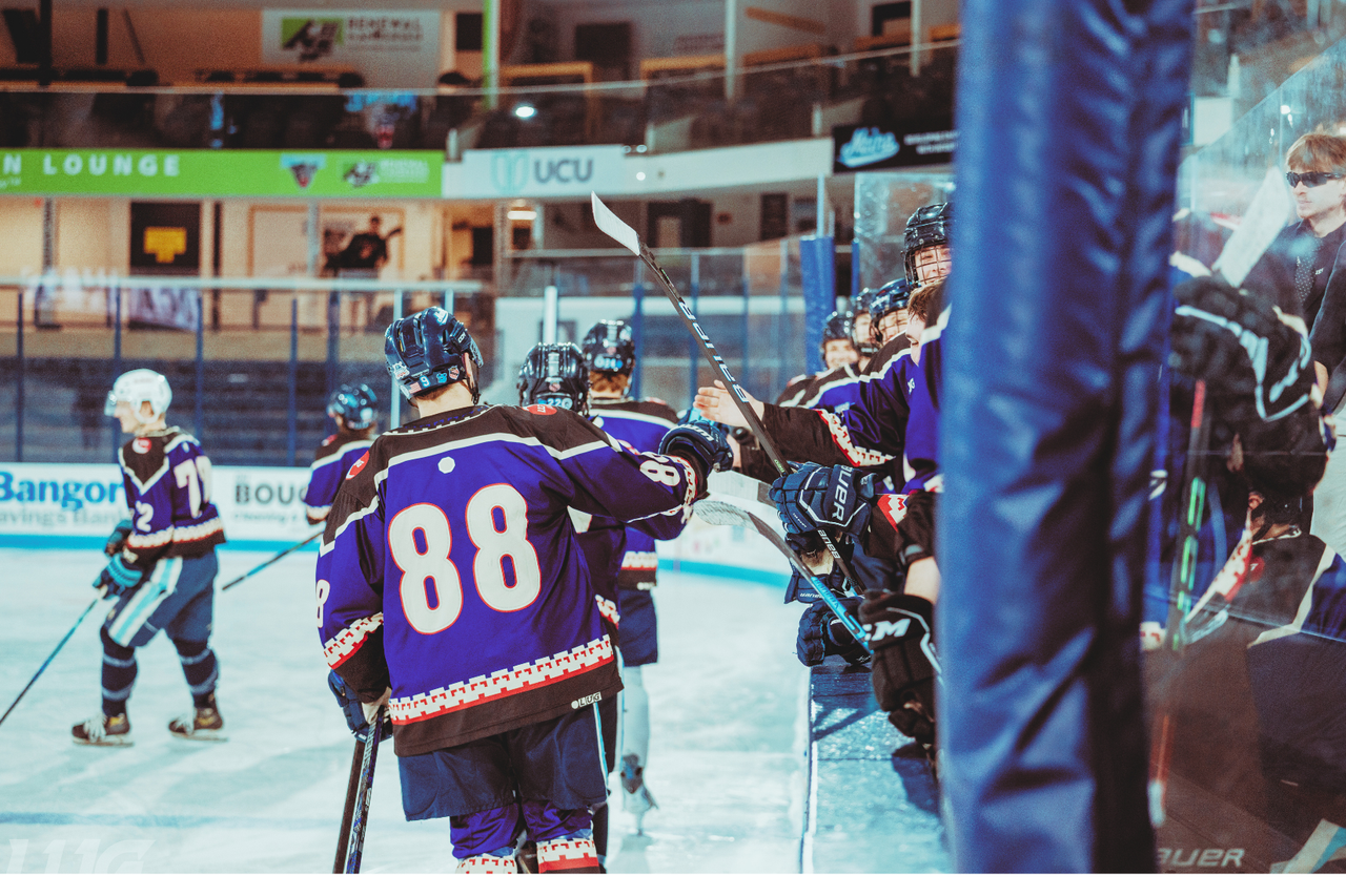 LUG hockey player celebrating with teammates at the bench