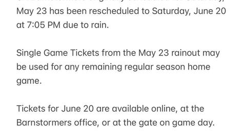 Rescheduled game from May 23 to June 20, 2026 @ 7:05 pm