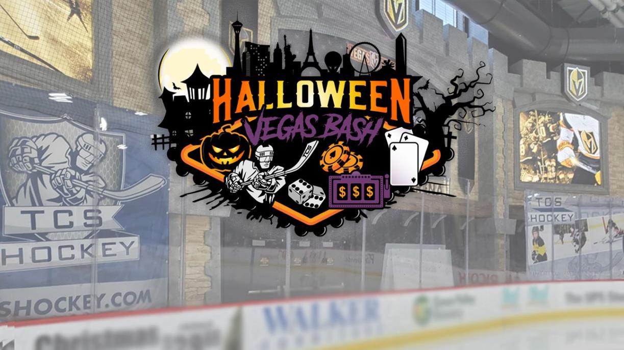 TCS Hockey Halloween Vegas Bash youth tournament logo over a Las Vegas hockey rink