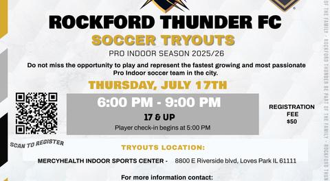 ROCKFORD THUNDER FC TRYOUTS JULY 17TH