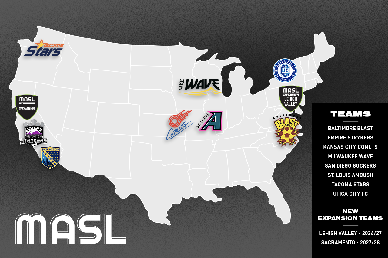 MASL Team map featuring masl team logos over map of USA