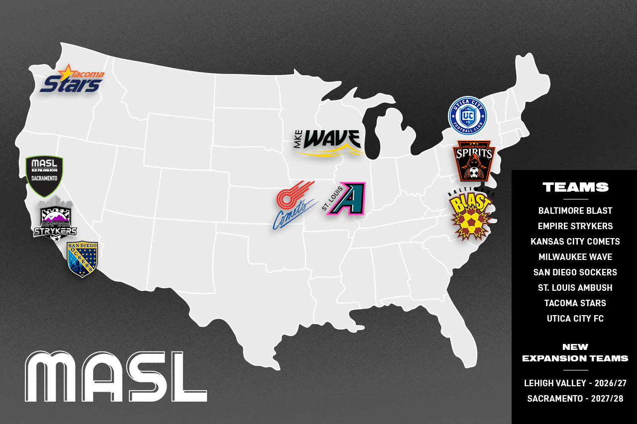 MASL Team map featuring team logos spread across a map of the united states