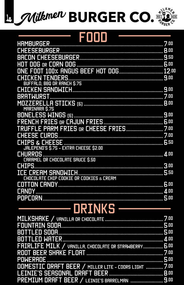 Milkmen Menu