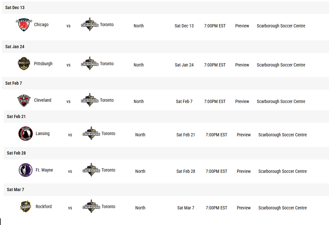 Canadian Crusaders Home Schedule