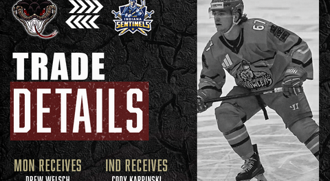 Monroe Moccasins Acquire Forward Drew Welsch from Indiana in Exchange for Goaltender Cody Karpinski