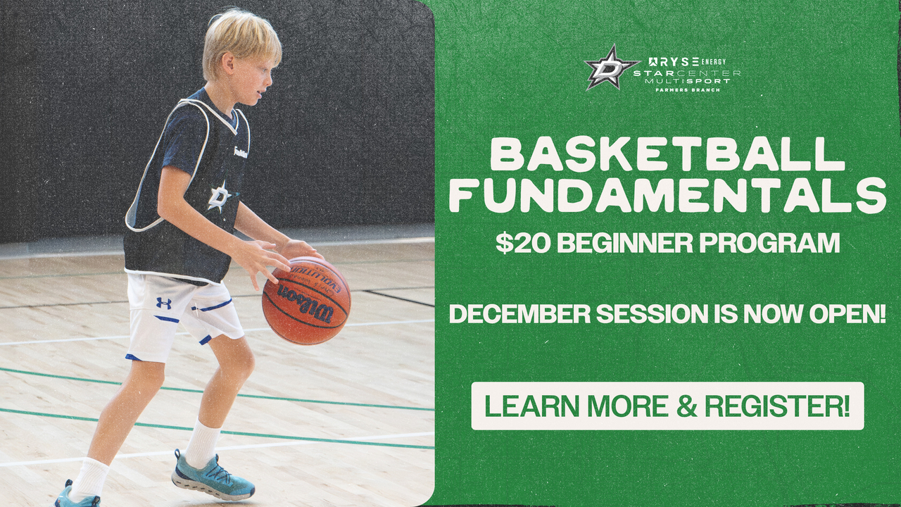 A kid dribbling a basketball in a Dallas Stars jersey with information about Basketball Fundamentals