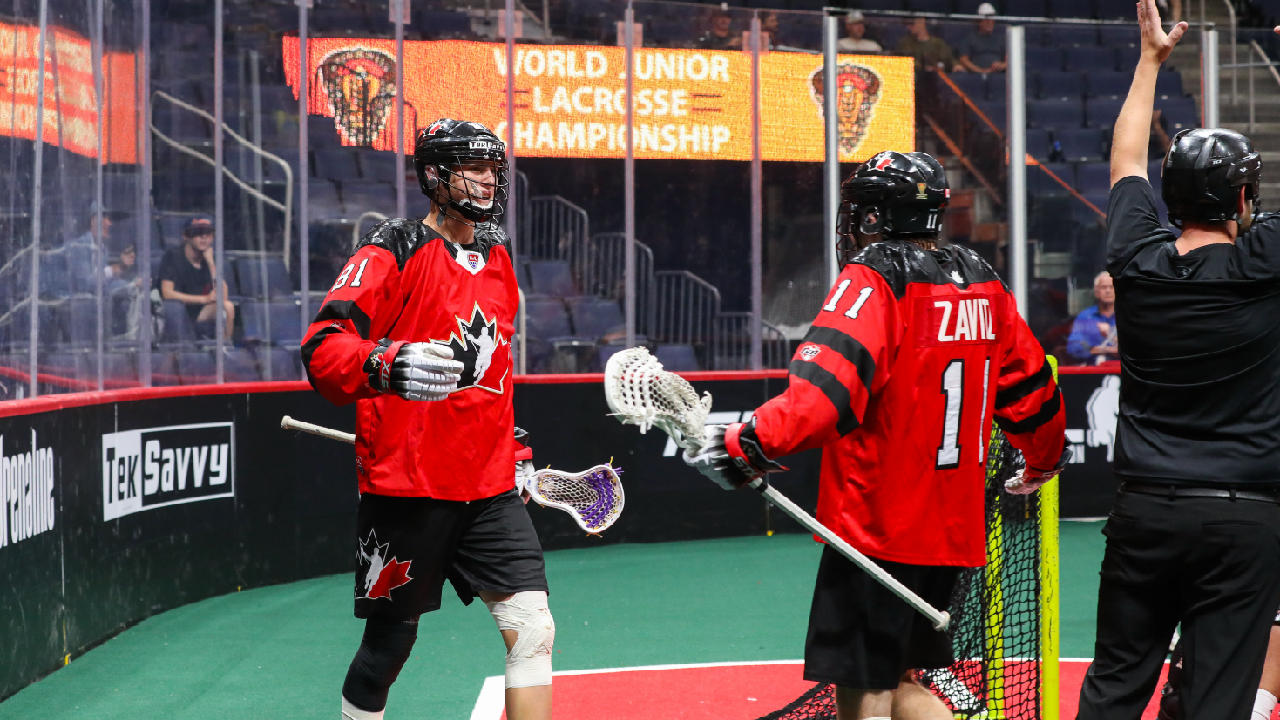 Silas Richmond celebrates after a goal at the 2022 IIJL World Junior Lacrosse Championship