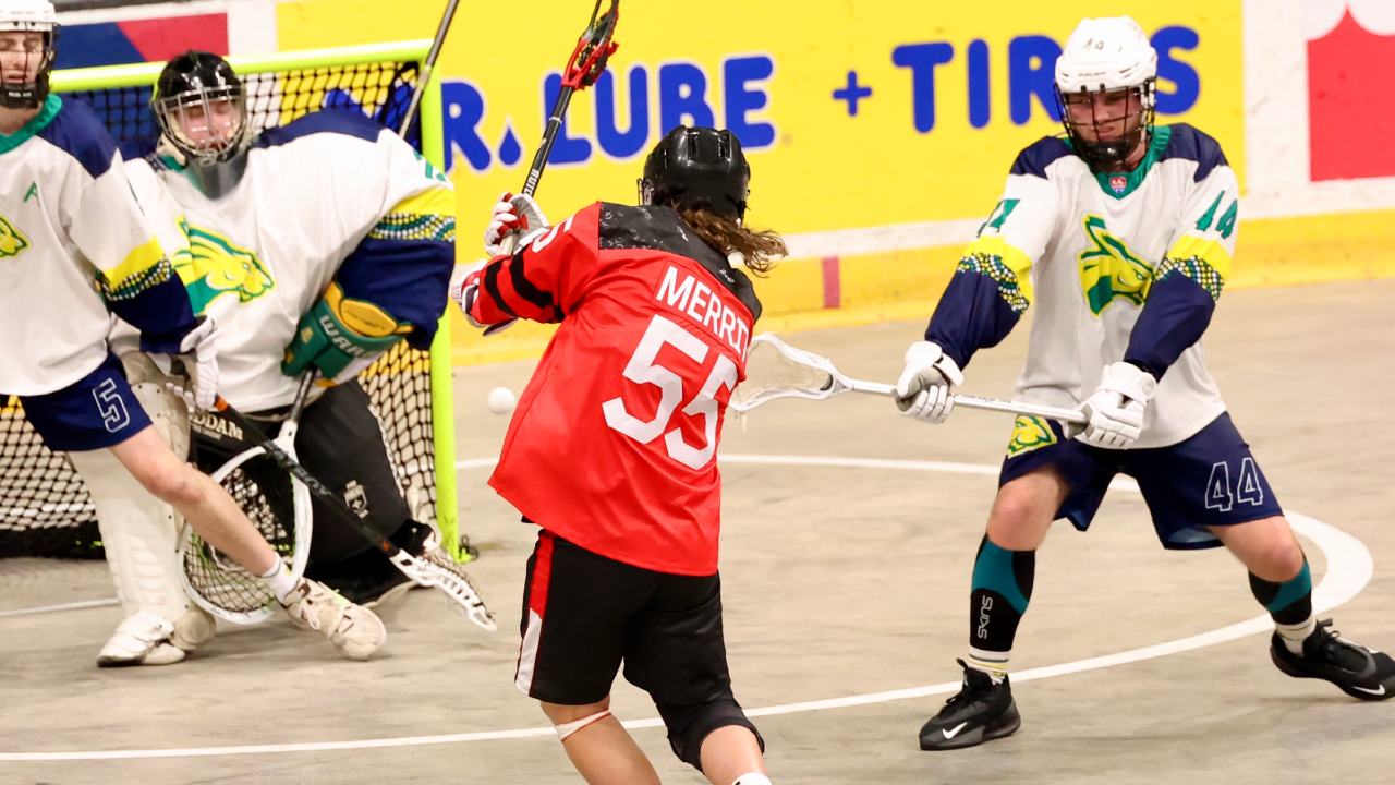 Harley Stevens #44 defending against Canada in World Junior Round-Robin Game