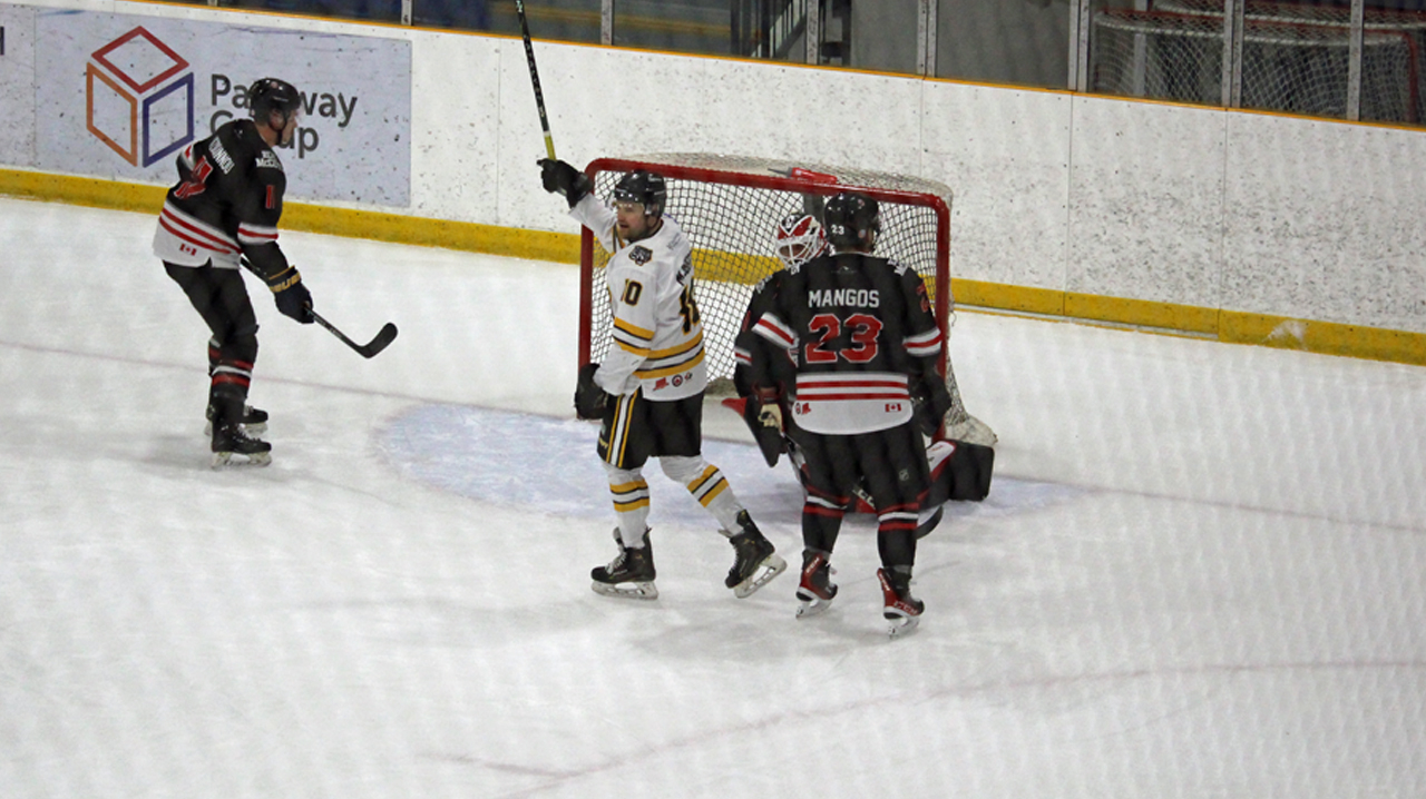 Mike Ruberto raising his stick after tipping in a goal against Dundas