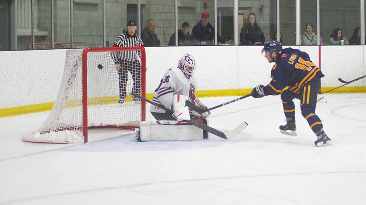 Kyle Lewis (Gryphins) scores on Ryan DeMelo (McCoys) in the Allan Cup tournament.