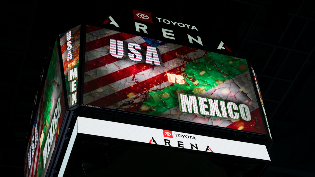 USA vs. Mexico graphic being displayed on the cube board at Toyota Arena