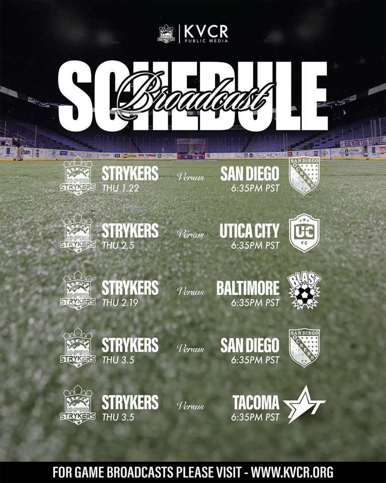Graphic showing the Strykers broadcast schedule on KVCR