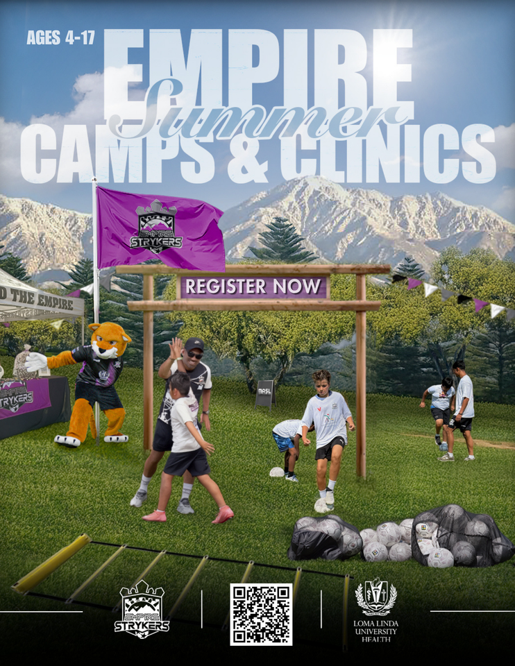 Camps and Clinics register now graphic with a QR Code