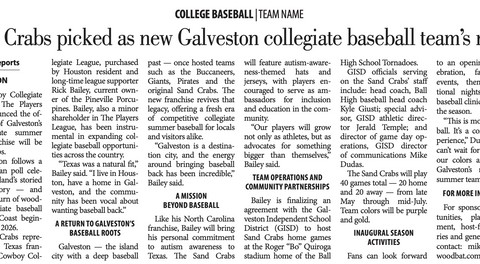 Sand Crabs picked as new Galveston collegiate baseball team's name