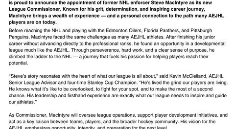 Alberta Elite Junior Hockey League Welcomes New Commissioner