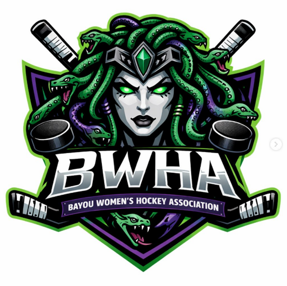The BWHA logo featuring a gorgon head over crossed hockey sticks