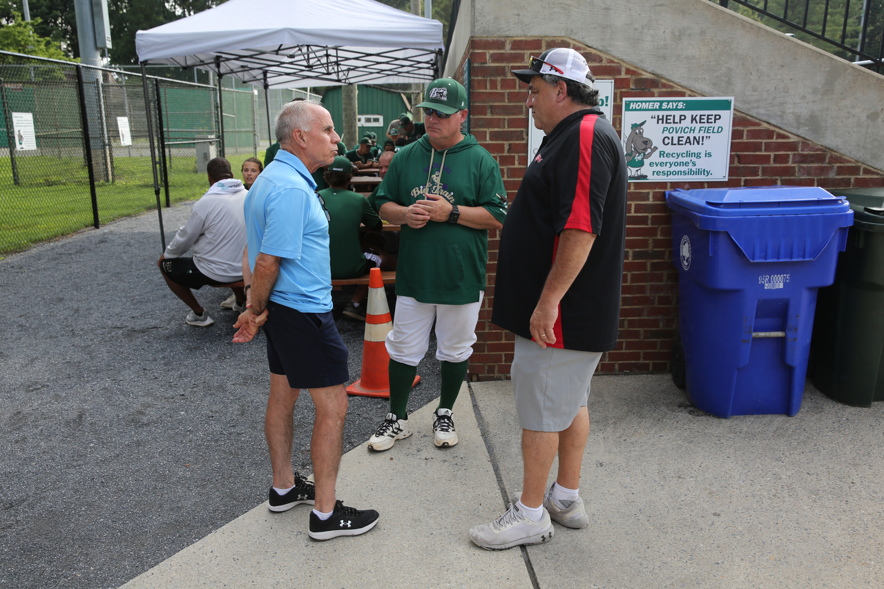 Tim Kurkjian (left) speaking with Sal Colangelo (middle) by Mark Thalman