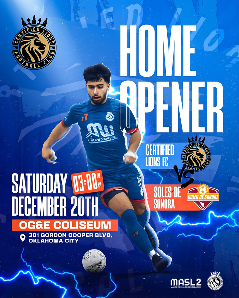 Certified Lions FC facing Soles de Sonora on December 20 at OG&E Arena